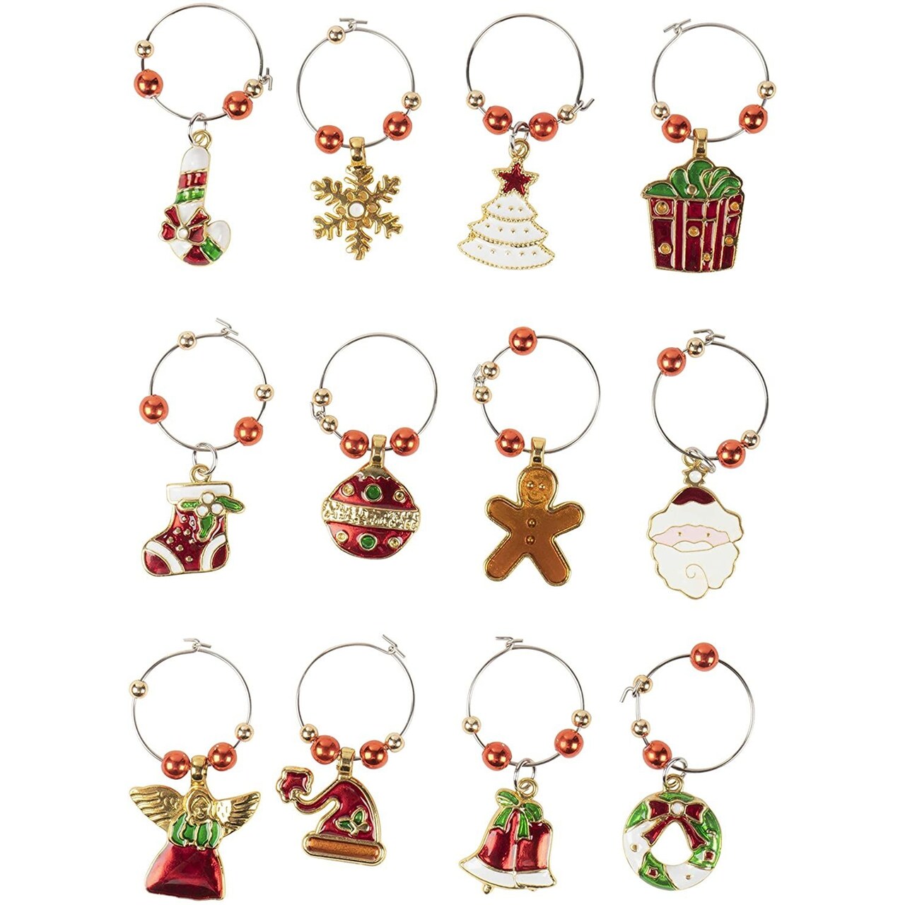 Juvale 12 Piece Christmas Wine Glass Charms, Holiday Wine Charms for Stem Glasses with Festive Designs, Zinc Alloy Wine Charm Rings, 2-Inch Drink Markers for Parties